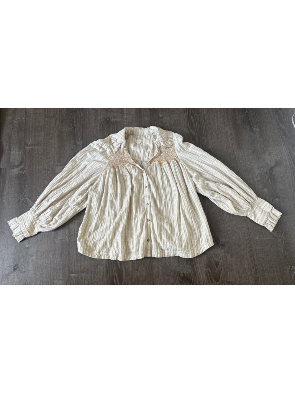 Pilcro Blouse Women Size M Beige Boho Lace Trim Button Front Balloon Sleeve